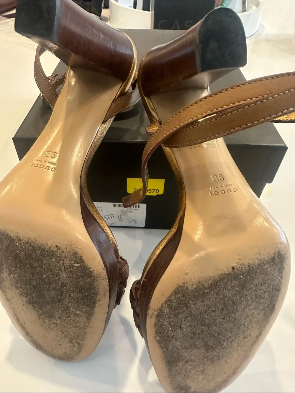 GUCCI Braided Strap Brownish Gold Leather High Heel Sandals - Women's